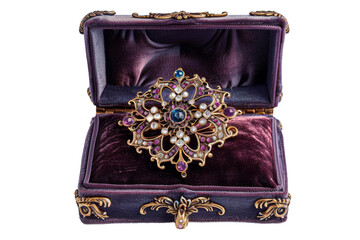 A purple velvet box holds a shimmering brooch, reflecting the light and showcasing its intricate design