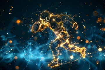 technology in rugby game, digital yellow low poly rugby player with glowing data streams, ai in sports analytics, player performance tracking systems, game strategy, wireframe player. - obrazy, fototapety, plakaty