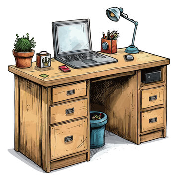 Drawing of an office desk with a computer, books, pencils and a lamp