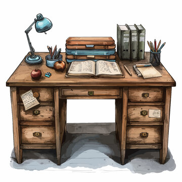 Drawing of an office desk with a computer, books, pencils and a lamp