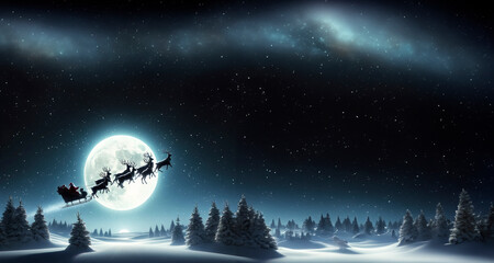 Santa and his sleigh on a crisp winter night sky, with a luminous full moon casting its light over a serene snow-covered landscape.