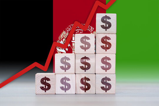 Afghanistan economic collapse, increasing values with cubes, financial decline, crisis and downgrade concept - Powered by Adobe