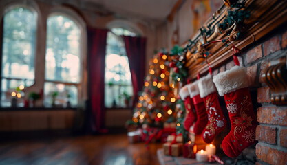 A festive scene with plush red stockings dangling from the mantelpiece, brimming with candy canes and small presents, with the warm glow of a fire and the lights of a Christmas tree behind