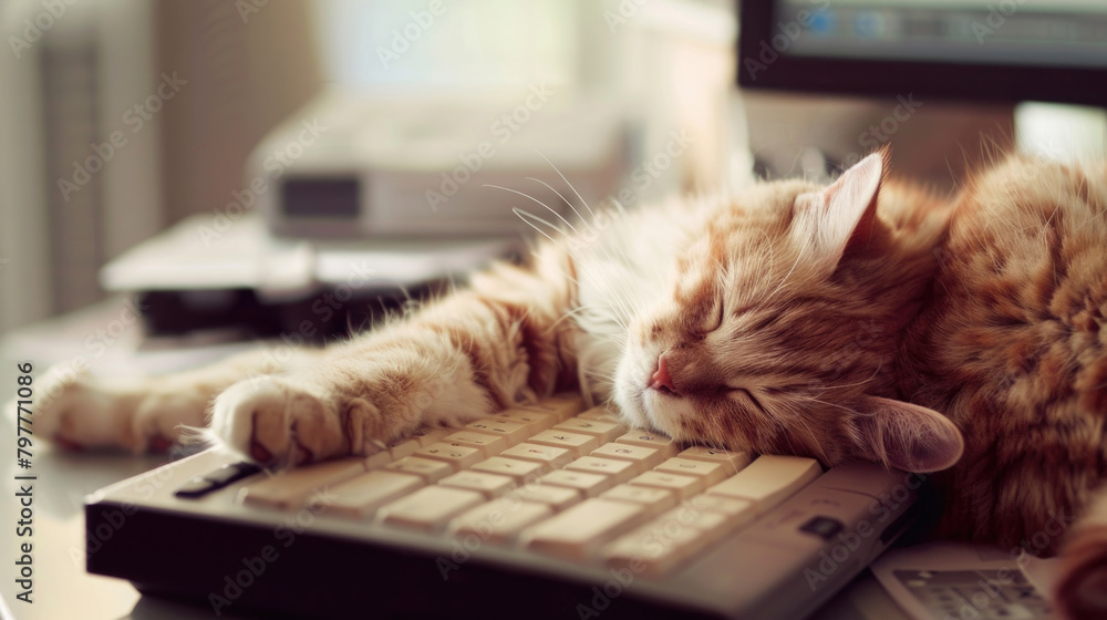 Poster a cat peacefully asleep atop a computer keyboard, its paws resting on the keys as it naps in a cozy 