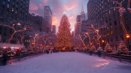 A stunning display of holiday spirit at the Rockefeller tree lighting ceremony, the tree's radiance complementing the city's skyscrapers