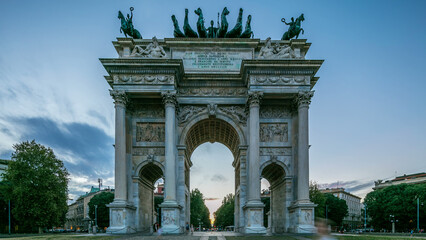 Arch of Peace in Simplon Square day to night timelapse. It is a neoclassical triumph arch