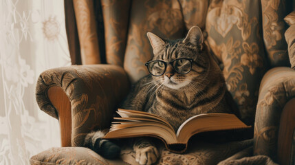 A cat sitting in a chair, engrossed in reading a book
