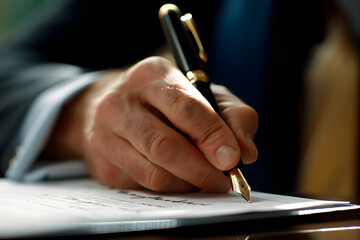 Close-up of a businessman's hand signing a contract with a luxury fountain pen, emphasizing detail and decisiveness