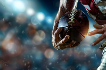 Close-up of a football clutched tightly by a player in mid-action, with stadium lights creating a dramatic effect