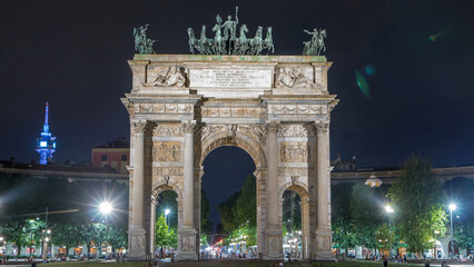 Arch of Peace in Simplon Square timelapse at night. It is a neoclassical triumph arch