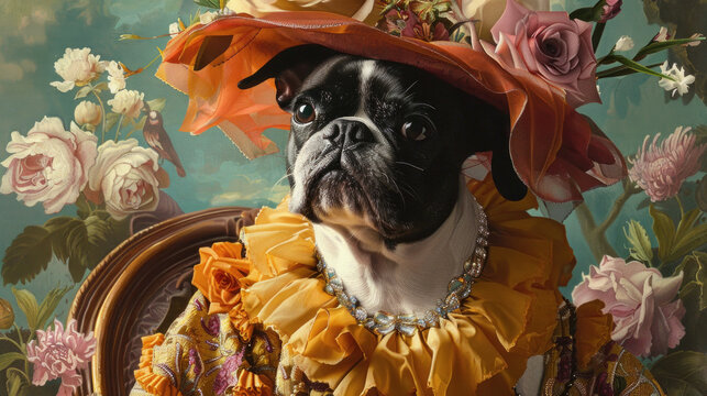 A dog standing in a yellow dress and red hat