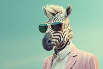 Naklejka premium Creative funky portrait of a zebra man in sunglasses. Conceptual modern art.