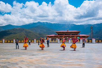 Timphu,Bhutan,Close up Traditional dance and colors in Mongar, Bhutan ,masked dancers at a Buddhist religious ceremony in temple Bhutan,festival bhutan dance. - Image