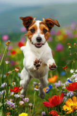 A small dog joyfully running through a vibrant field of colorful flowers on a sunny day