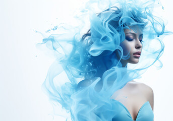 Blue smoke around beautiful woman. Abstract background in a surrealist, elegant and fantasy style with minimalist, fluid and organic shapes