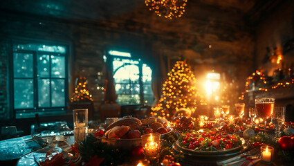 The joy of Christmas dining, with a table brimming with traditional dishes, colorful salads, and sparkling drinks, all under the soft glow of candlelight and holiday lights