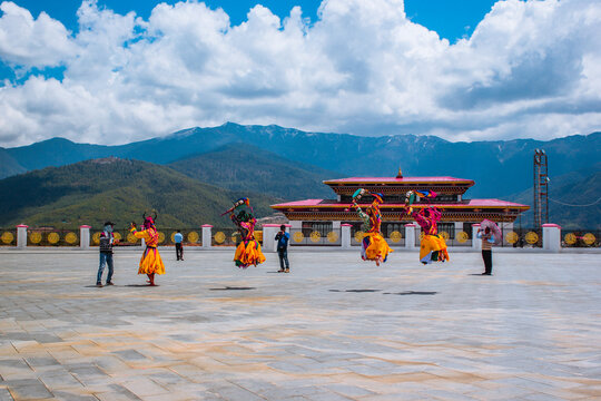 Timphu,Bhutan,Close up Traditional dance and colors in Mongar, Bhutan ,masked dancers at a Buddhist religious ceremony in temple Bhutan,festival bhutan dance. - Image