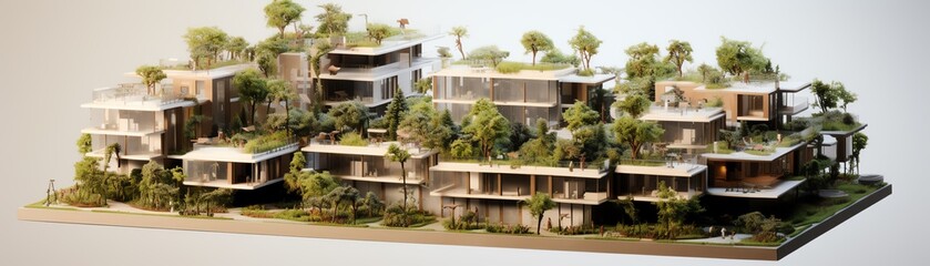 Fototapeta premium 3D architectural model of a sustainable living complex, daylight, aerial perspective