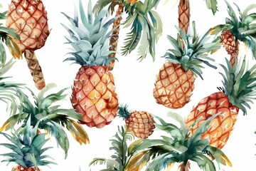 Seamless pattern of watercolor pineapple