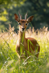 A deer with horns standing in tall grass in a natural habitat
