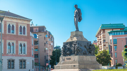 Statue of Giuseppe Verdi, in the front of Casa Verdi timelapse Milan, Italy