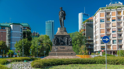 Statue of Giuseppe Verdi, in the front of Casa Verdi timelapse Milan, Italy