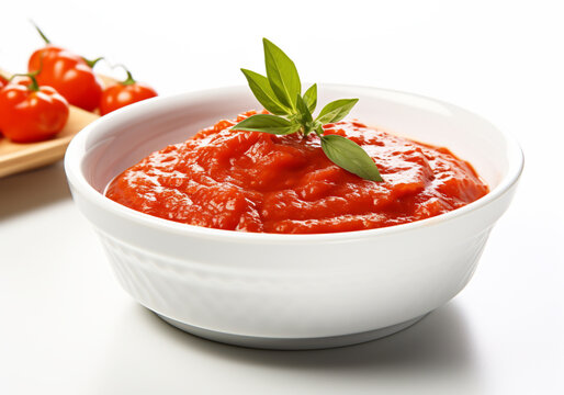 Tomato sauce in a white porcelain bowl, on a white background. Agriculture and healthy eating