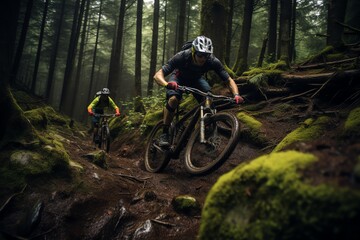 Mountain bikers on a rugged trail, forest backdrop, action shot