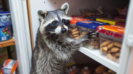 A raccoon with its paws extended, trying to grab food from a refrigerator