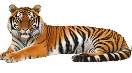 Obraz premium A tiger laying down gracefully on a plain white surface