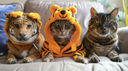 Three cats in various costumes sitting together on a couch