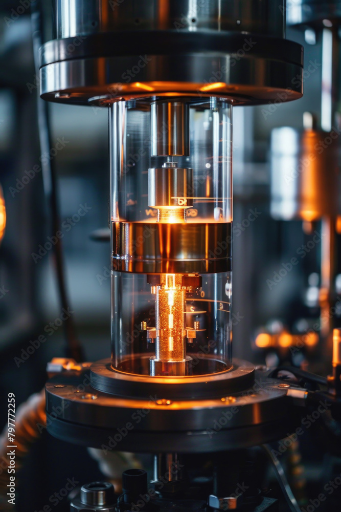 Poster detailed view of a machine with a bright light shining from inside it, highlighting intricate compon