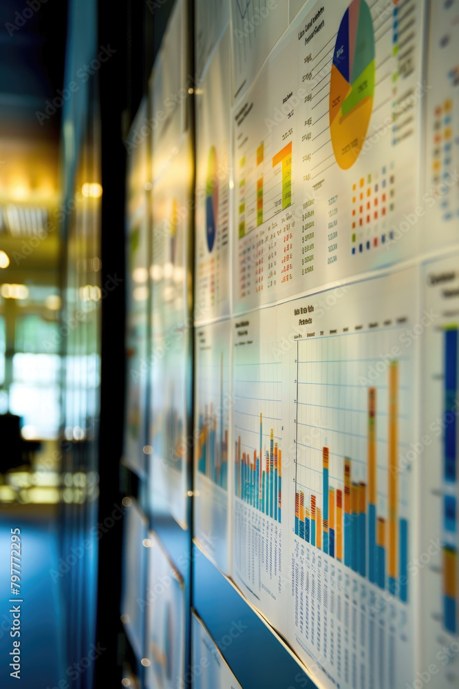 Poster a multitude of graphs displayed on a wall, showcasing statistical data, trends, and analysis in a bu