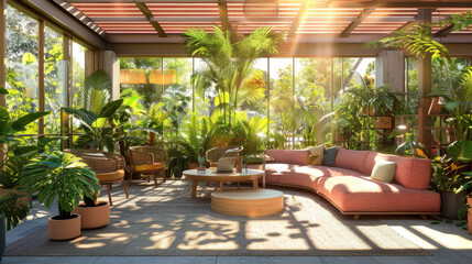 Fototapeta premium A multitude of plants and various furniture pieces fill the living room space, creating a lively and inviting atmosphere