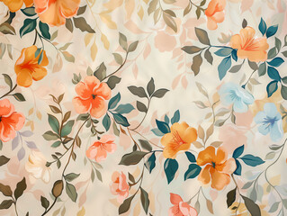 Gentle pattern of bright petals on tender stems blooming on light background. Botanical design of delicate blossoms and leaves tangling in sophisticated composition