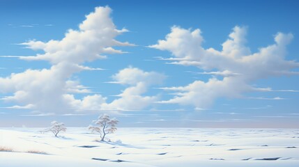 Snowcovered landscape, crisp white, blue sky, distant perspective