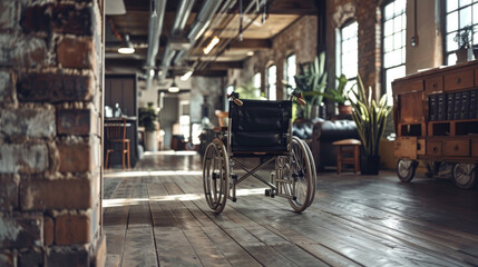 Fototapeta na wymiar A wheelchair is positioned on top of a wooden floor, creating a simple yet impactful scene
