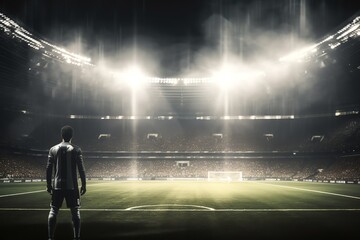 Soccer player taking a penalty kick, stadium lights, midshot - obrazy, fototapety, plakaty