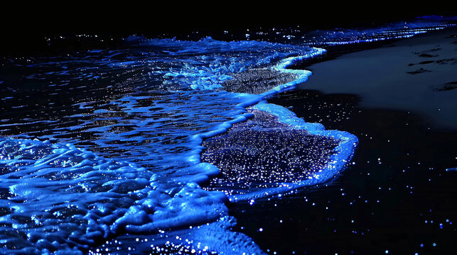 Bioluminescent glowing beach and sea at night. Illumination of plankton at Maldives. Romantic and beautiful landscape. Tropical paradise background. Travel and vacation concept