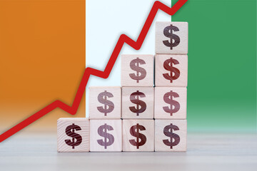 Ivory Coast economic collapse, increasing values with cubes, financial decline, crisis and downgrade concept