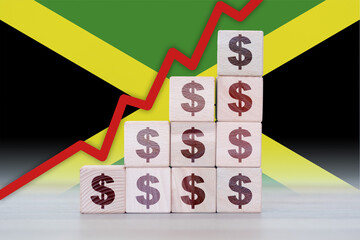 Jamaica economic collapse, increasing values with cubes, financial decline, crisis and downgrade concept