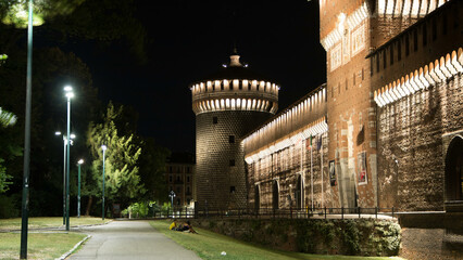 Main entrance to the Sforza Castle and tower - Castello Sforzesco day to night timelapse, Milan,...