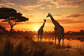 Wildlife in savannah, giraffes grazing, golden hour, side view