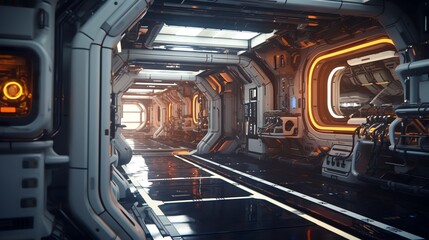 3D animation of a bustling space station, vibrant life forms, midshot