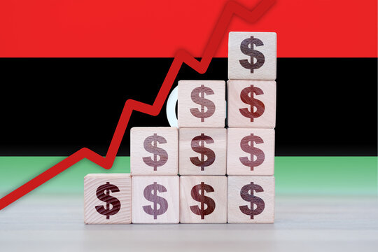 Libya economic collapse, increasing values with cubes, financial decline, crisis and downgrade concept - Powered by Adobe