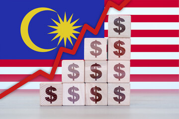 Malaysia economic collapse, increasing values with cubes, financial decline, crisis and downgrade concept