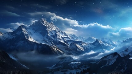 Mountain peak under starry sky, clear night, panoramic view