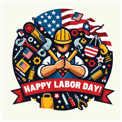 Labor Day. Set of vintage poster for celebration, vector illustration. Horizontal vector 'Labor Day' celebration banner with flags.
