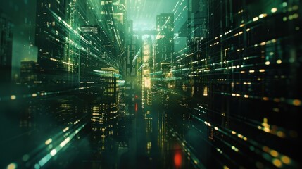 Futuristic green data streaming in cyberspace background