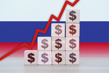 Russia economic collapse, increasing values with cubes, financial decline, crisis and downgrade...